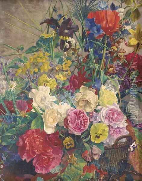 Summer flowers in a basket Oil Painting - English School