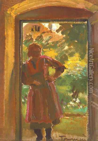 Woman Standing in a Door 1933-34 Oil Painting - Janos Tornyai