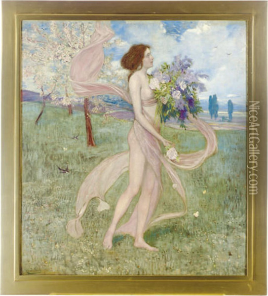 Fruhling (girl Among Blossoming Trees) Oil Painting - Alexander Demetrius Goltz