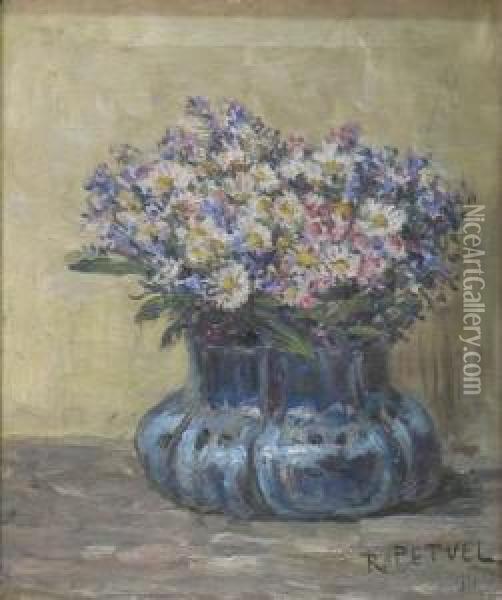Bunter Fruhlingsstraus In Einer Blauen Vase Oil Painting - Rudolf Petuel