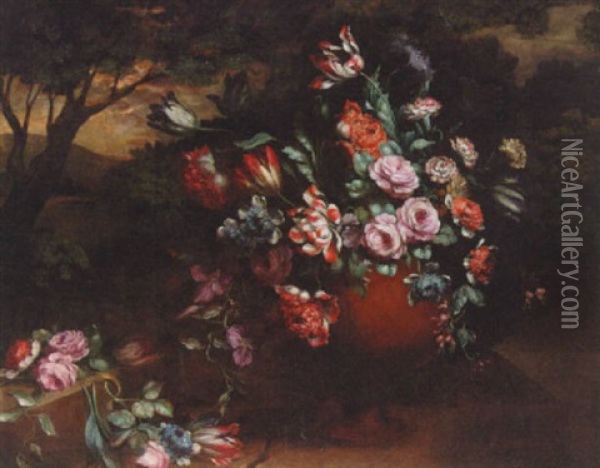 Flowers In An Urn In A Landscape Oil Painting - Andrea Belvedere