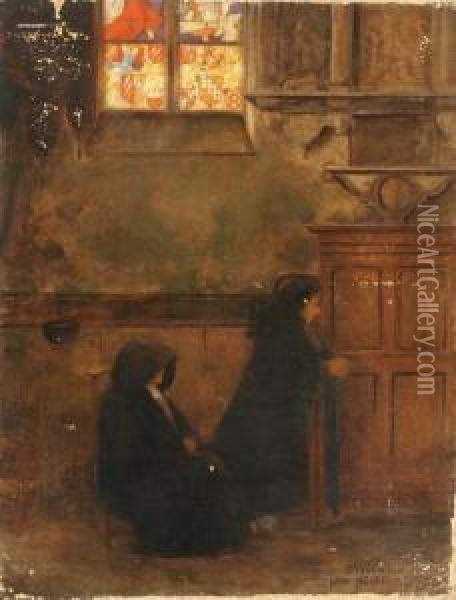 Cloaked Figures Praying In A Chapel Oil Painting - Leon Auguste Cesar Hodebert