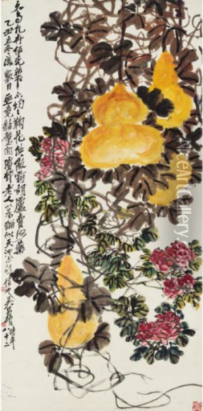 Gourds And Chrysanthemum Oil Painting - Wu Changshuo