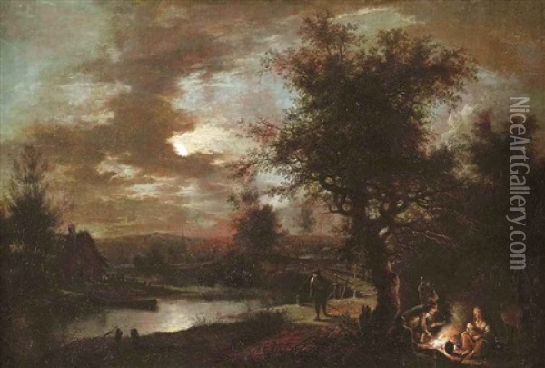 A Moonlit River Landscape With Figures By A Fire Oil Painting - Johann Conrad Seekatz