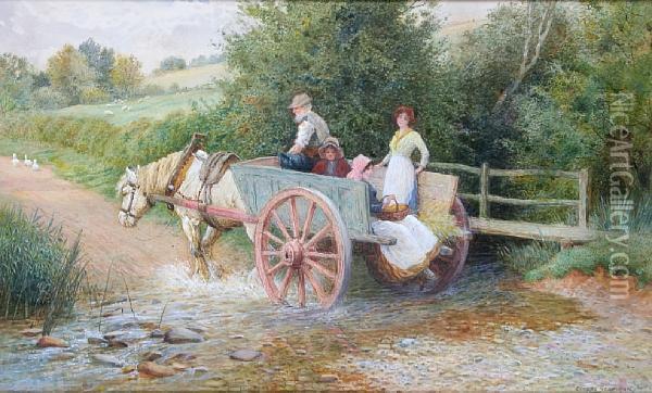 Horse And Cart With Figures On A Country Path, Crossing A Ford Oil Painting - Arthur Claude Strachan