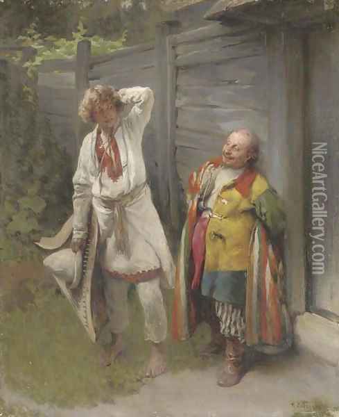 The jester and the gusli player Oil Painting - Klavdiy Vasilievich Lebedev
