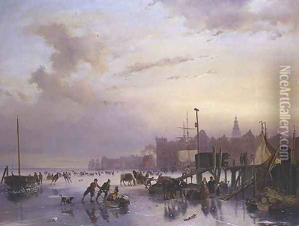 A winter river landscape with numerous skaters Oil Painting - Nicholas Jan Roosenboom