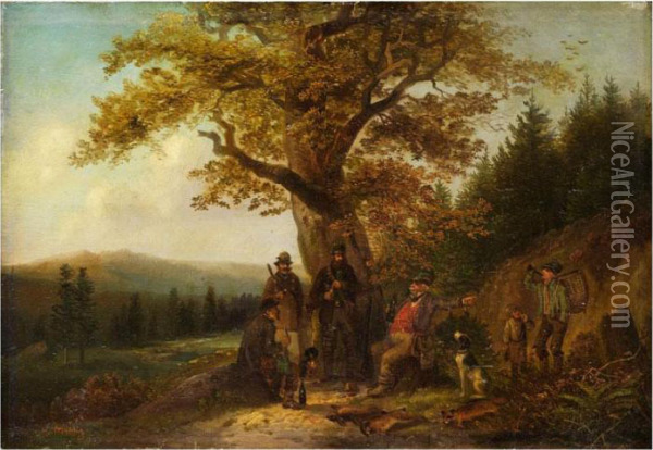 Jagdgesellschaft Bei Der Rast Untereinem Eichenbaum Oil Painting - Hugo Muhlig