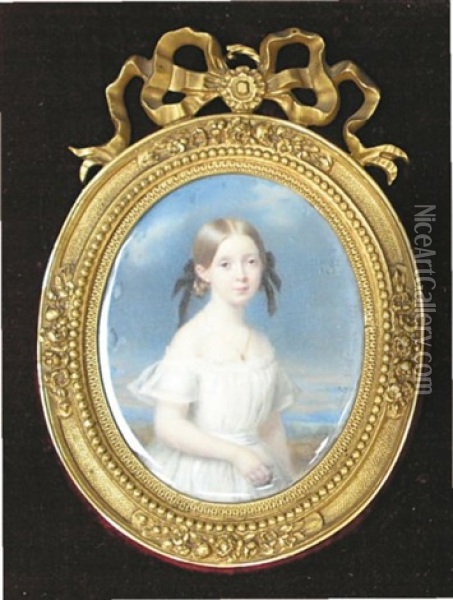 Portrait De Delie De Riviere, Vicomtesse De Mandat De Grancey, Sur Fond De Ciel Bleu Et De Paysage Oil Painting - Cecile Villeneuve