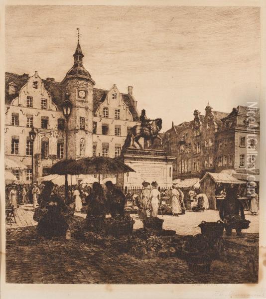 Markt Auf Dem Dusseldorfer Rathausplatz Oil Painting - Heinrich Hermanns