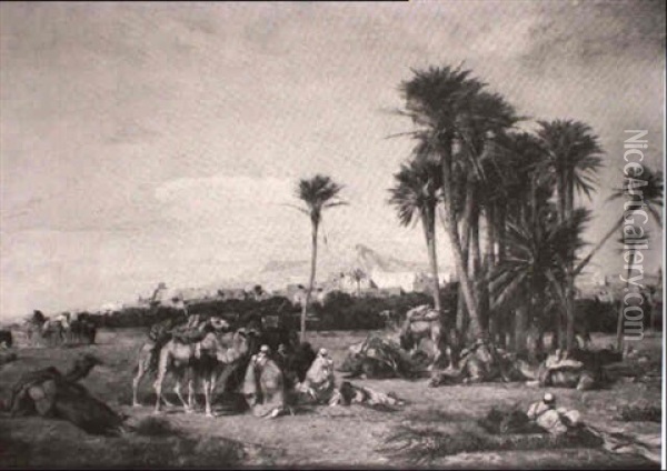 Arab Caravan At Rest Oil Painting - Eugene Fromentin