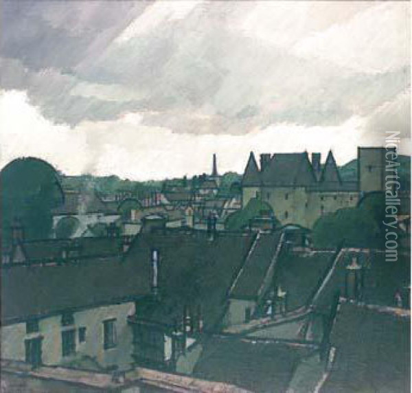 < Le Chateau De Nemours Et Les Toits De La Ville > (c.1920). Oil Painting - Bernard Boutet De Monvel