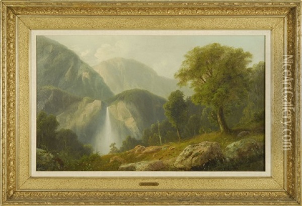 Expansive Mountain Landscape With Waterfall Oil Painting - Gunther Hartwick