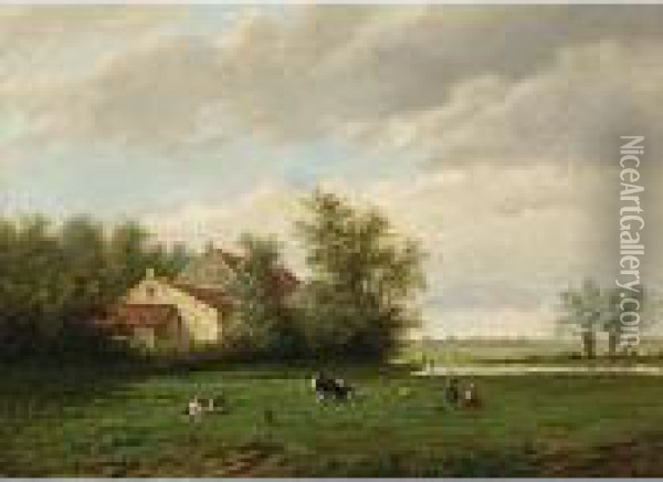 A Landscape With Two Girls Playing In A Meadow Near A House Oil Painting - Willem Vester