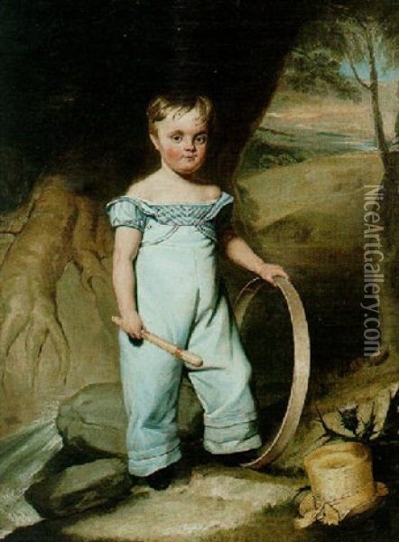 Portrait Of A Boy Holding A Hoop In A Landscape Oil Painting - William Henry Florio Hutchinson