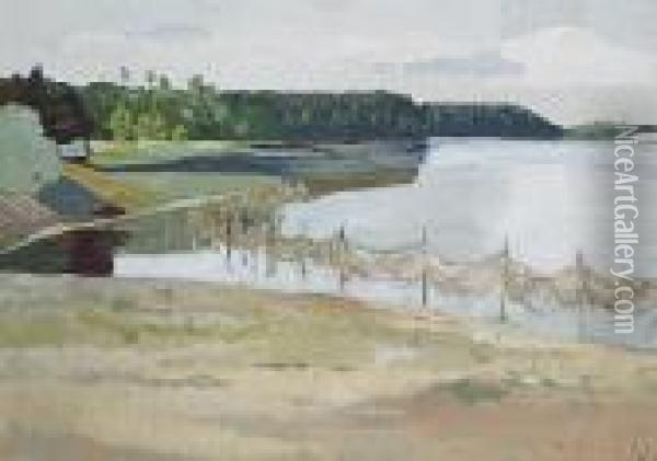 Sieci Rybackie Na Brzegu Jeziora (1936) Oil Painting - Karol Hiller