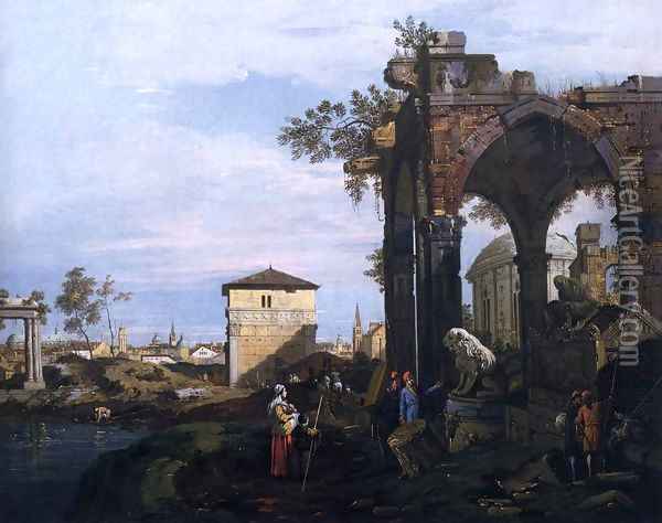 Capriccio with Ruins and Porta Portello, Padua 2 Oil Painting - (Giovanni Antonio Canal) Canaletto
