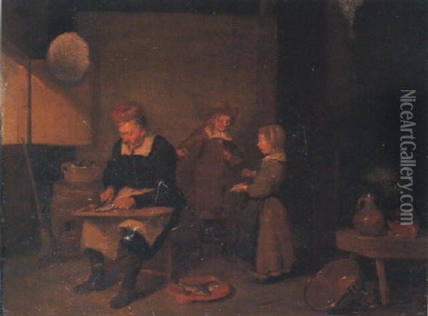 A Man Cutting Fish, With Children Watching Oil Painting - Quiringh Gerritsz van Brekelenkam
