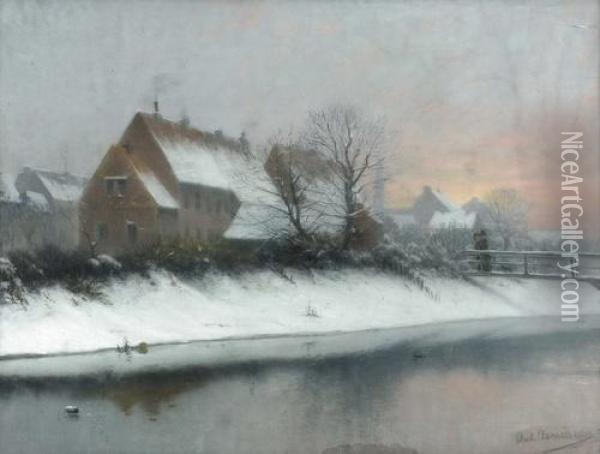 Ansicht Einer Norddeutschen Stadt Im Winter. Oil Painting - Anton Asmussen