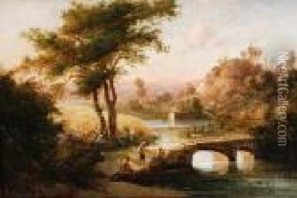 Landscape With Figures On A Bridge Oil Painting - Giuseppe Palizzi