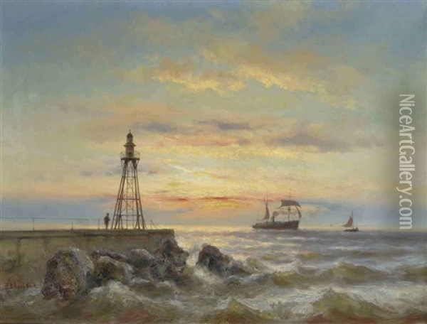 The Pier Of Ijmuiden At Sunset Oil Painting - Johannes Hermanus Barend Koekkoek