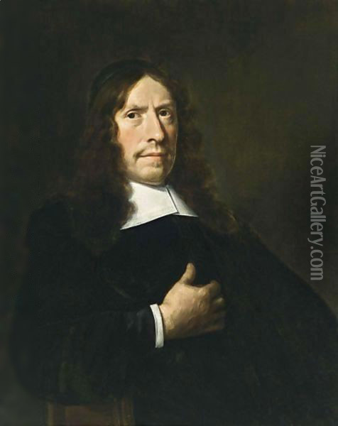 A Portrait Of A Cleric, Aged 65, Wearing A Black Coat With A White Collar And Sleeves And A Black Cap Oil Painting - Hendrick Van Vliet