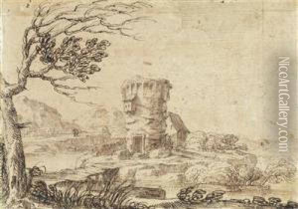 Landschaft Mit Bruckeund Turm An Einem Flus Oil Painting - Giovanni Francesco Grimaldi