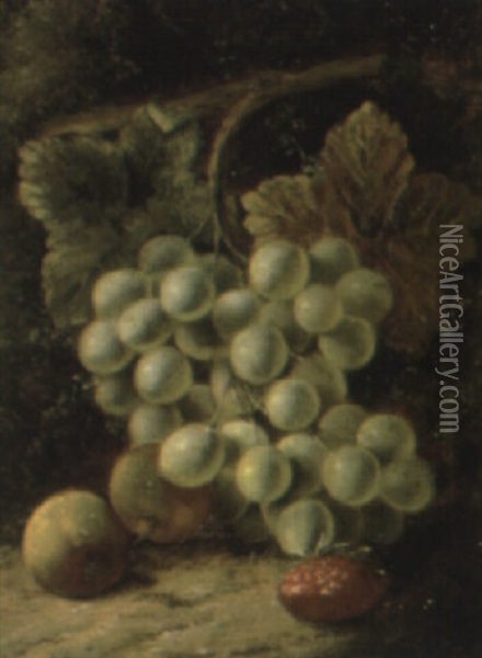 Grapes, Apples And A Strawberry On A Mossy Bank Oil Painting - George Clare