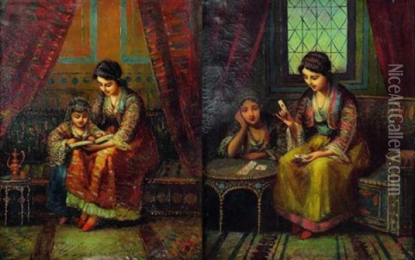 Mere Et Sa Fille Lisant Dans Un Decor Oriental (+ Deux Femmes Orientales Jouant Aux Cartes; 2 Works) Oil Painting - Frederic Borgella