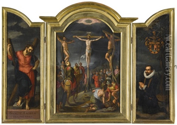 A Triptych: Central Panel: The Crucifixion Left Wing: Saint Andrew Right Wing: A Kneeling Male Donor Of The Escalera Family Oil Painting - Gillis Mostaert the Elder