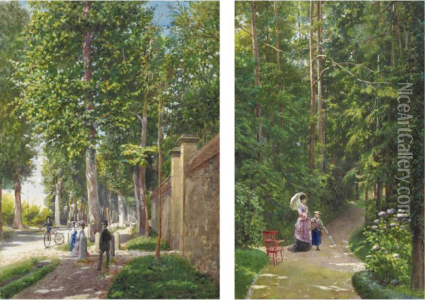 Coppia Di Scene Nel Parco Oil Painting - Antonio Bignoli