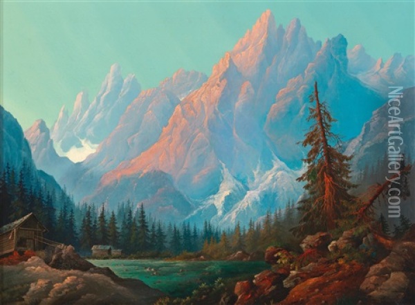 High Mountains With Firn And Lake Oil Painting - Josef Krieger