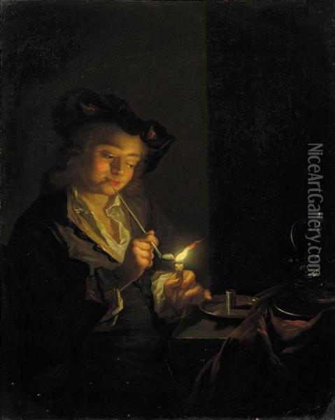 A Youth Seated By A Table Lighting A Pipe With A Candle Oil Painting - Godfried Schalcken
