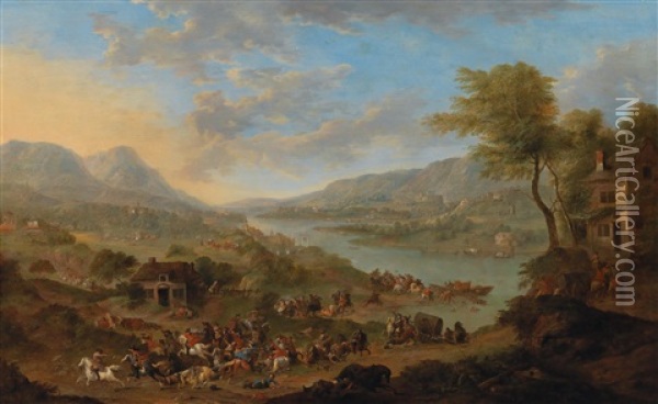 A Cavalry Skirmish Near A River Oil Painting - Karel Breydel