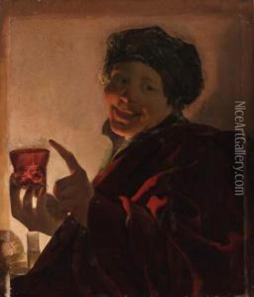 A Boy Holding A Roemer Of Wine By Candlelight Oil Painting - Hendrick Terbrugghen