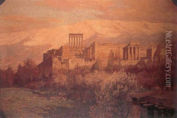 The Ruins Of The Temple Of The Sun At Baalbec Oil Painting - Georg Macco
