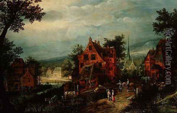 Village Landscape with Peasants Oil Painting - Adriaen van Stalbempt