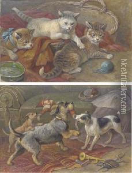 A Baby Dachshund And Husky Playing; Terriers Fighting For A Doll; Amastiff, A Dachshund, A Terrier And A Beagle By A Butcher's Door;three Kittens Playing With A Ball Of Wool; And Two Kittens Watchinga Sparrow Oil Painting - August Friedrich Specht