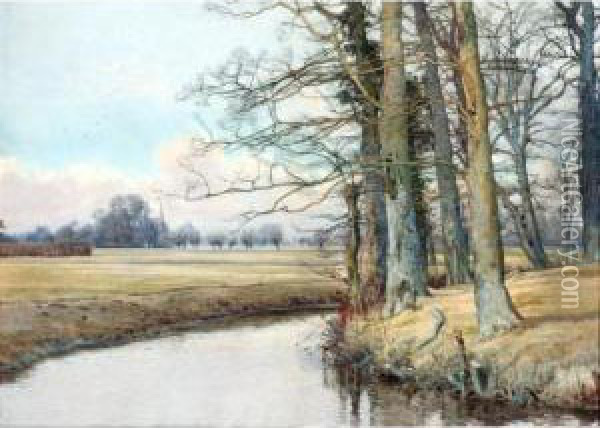 A Winter River View; A Spring River View Oil Painting - William Fraser Garden