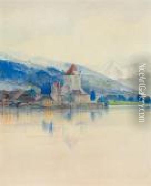 Lake Thun With The Schloss Oberhofen Oil Painting - Edward Lear