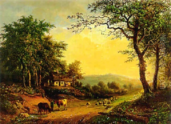 A Panoramic Wooded Landscape With A Herdsman And His Flock On A Sandy Track At Dusk Oil Painting - Jean-Baptiste Davelooze