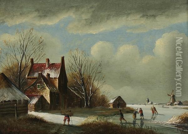 Winter Landscape With Skaters On A Frozen Lake Oil Painting - Jacobus Ryckaert