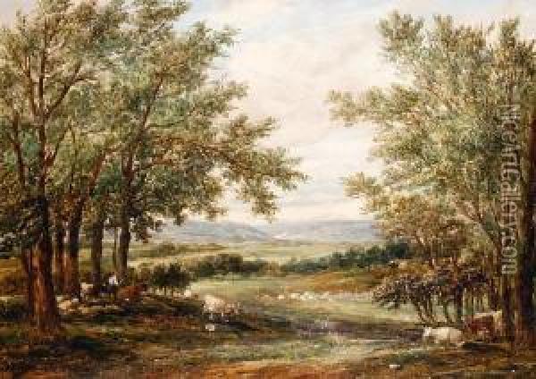 Cattle Resting In An Extensive Landscape Oil Painting - Alfred Vickers