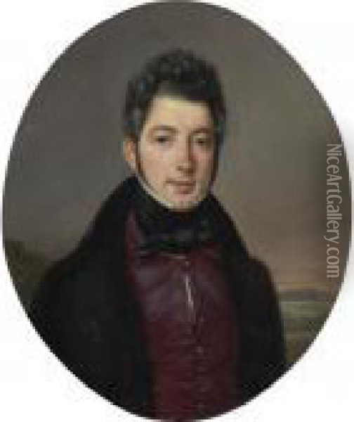 Portrait Of A Gentleman, Small 
Half-length, Wearing A Dark Coat And Red Vest, A Landscape Beyond Oil Painting - Louis Leopold Boilly