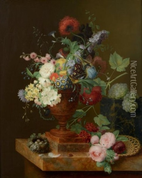 Vase De Fleurs, Corbeille De Roses, Grappes De Raisins Et Nid Sur Un Entablement Oil Painting - Georges Frederic Ziesel