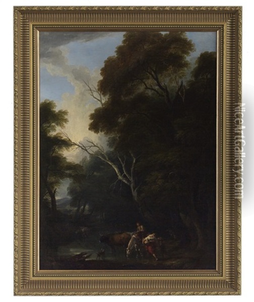Wooded Landscape With Drovers At A Ford Oil Painting - Philip James de Loutherbourg
