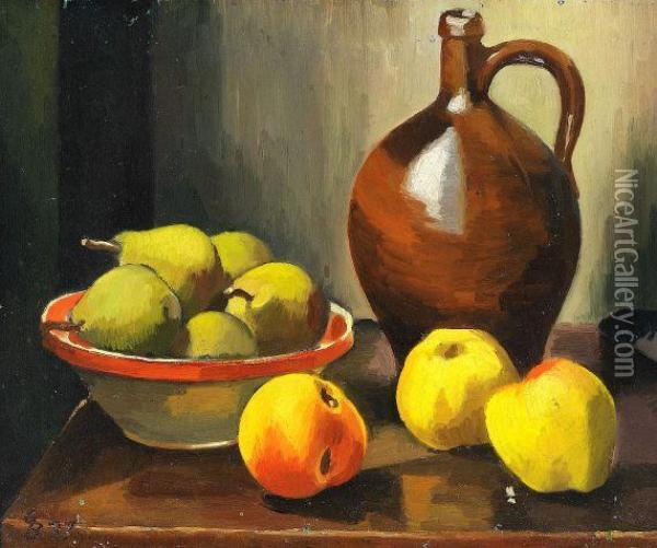 Stillleben Mit Apfeln, Birnen Und Krug Oil Painting - Georg Breitwieser