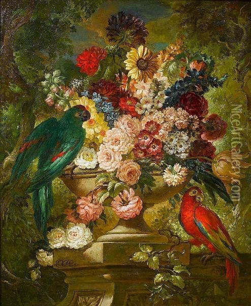 A Sunflower, Roses, A Carnation,
 Tulips, Narcissi And Other Flowers, In A Stone Urn On A Plinth With Two
 Parrots Oil Painting - Jan Van Huysum