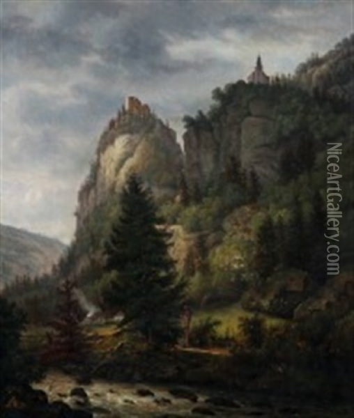 Mountainous Landscape With A Ruin, A Church And People Oil Painting - Jens Peter (I.P.) Moeller