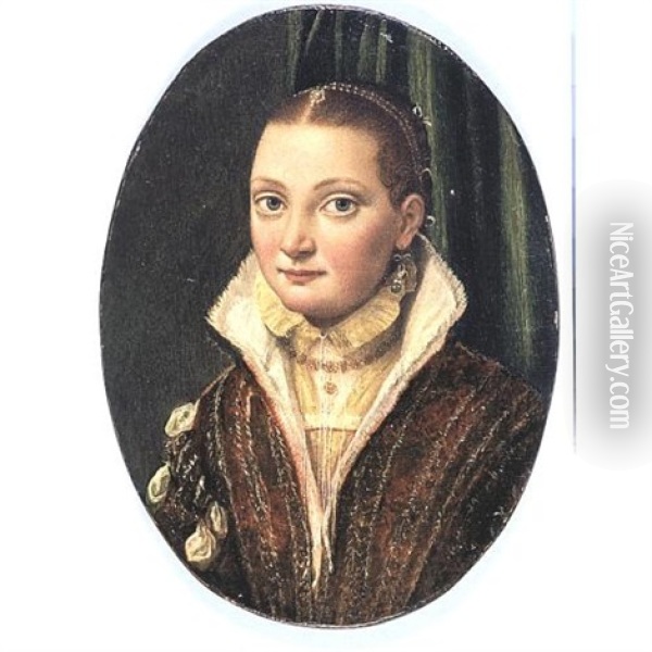Portrait Of Sofonisba Anguissola, Wearing A Red Doublet Over A Cream Shirt, With Blue Pearl-drop Earings Oil Painting - Lucia Anguissola